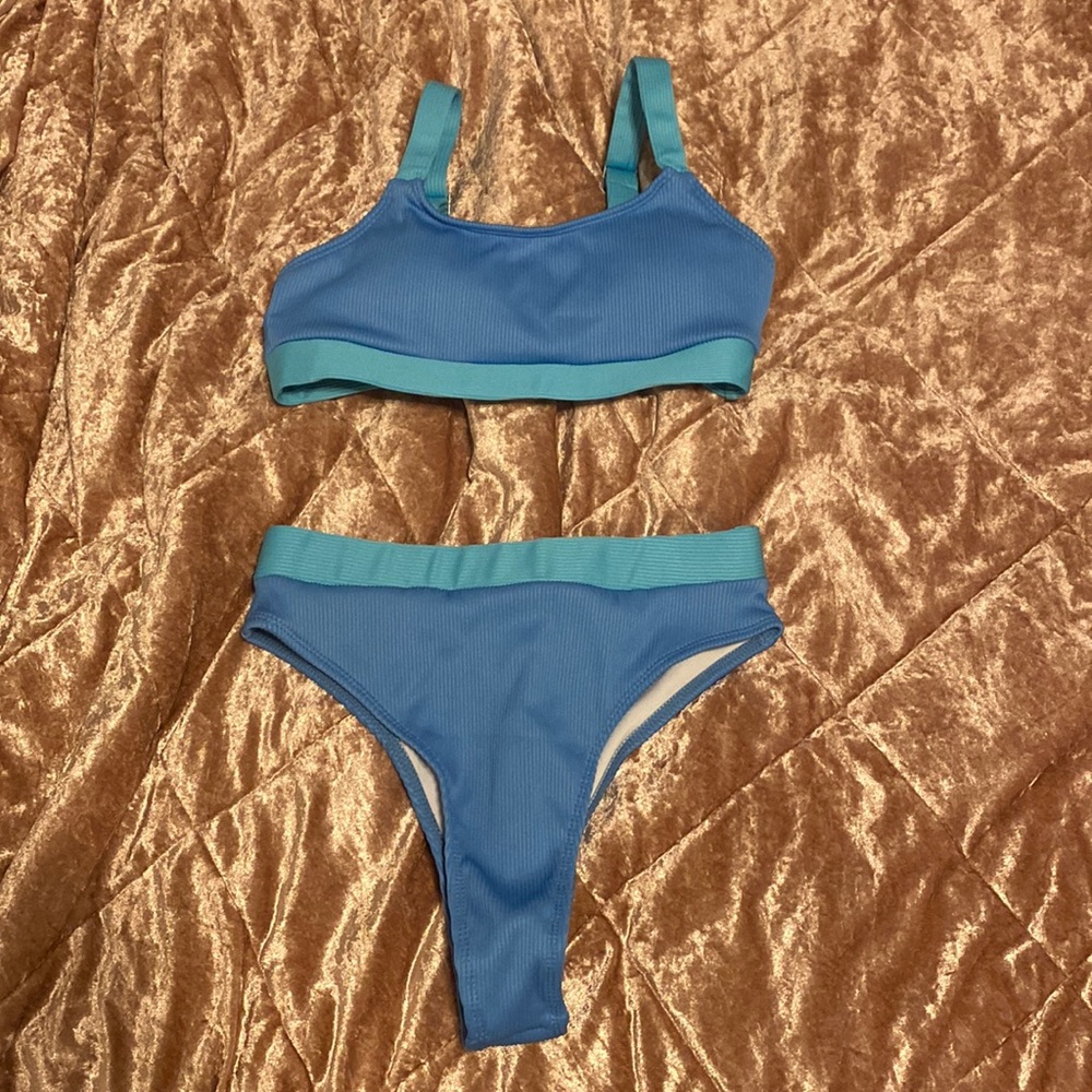 Blue Ribbed Cheeky High Waist Swimsut